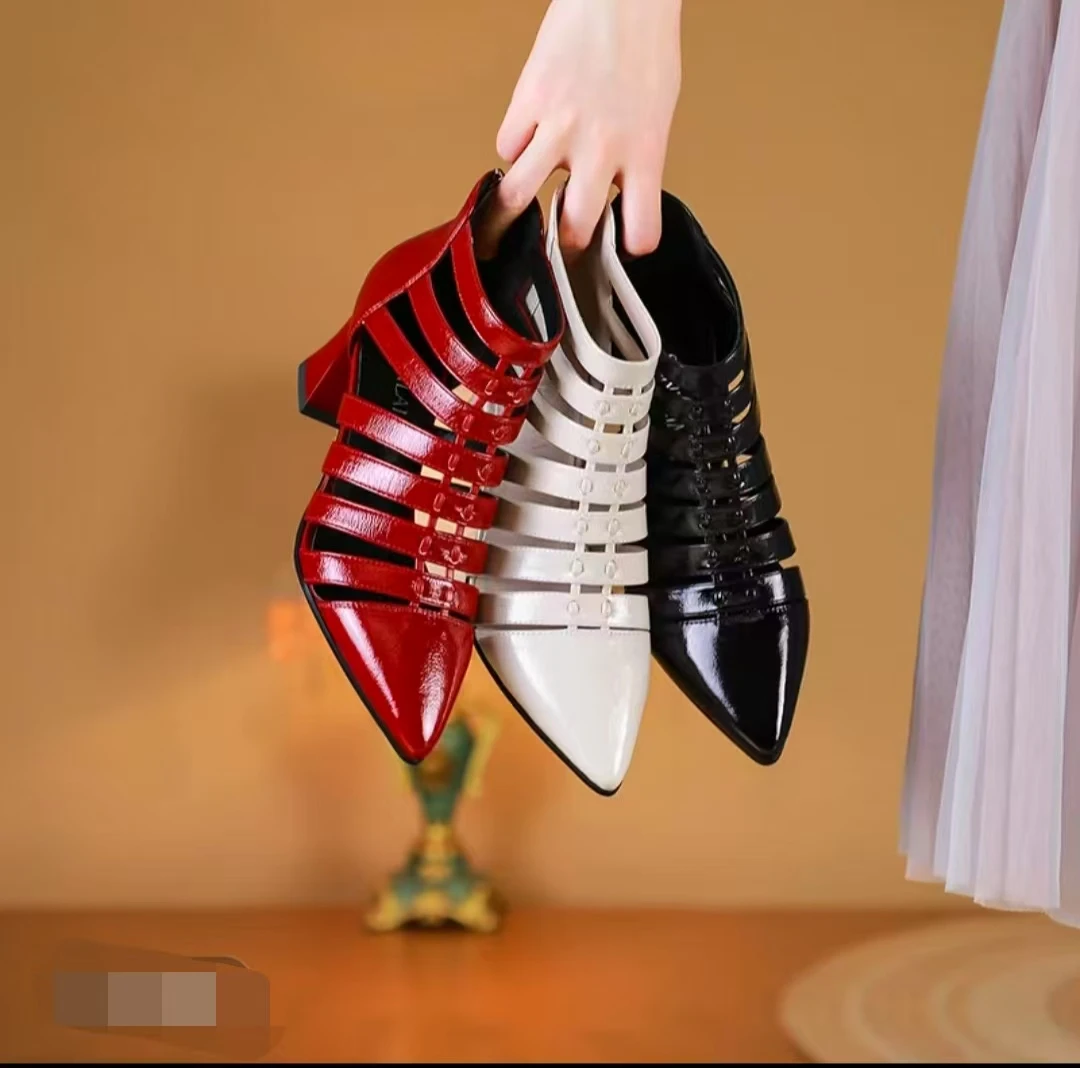 新款罗马风中帮6263时装中空透气凉靴时尚少女风尖头粗跟气质凉鞋