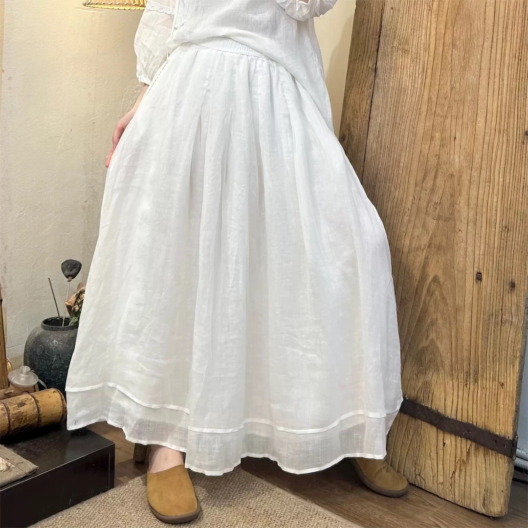 【繁花】夏季新款苎麻新中式慵懒双层半身裙仙女裙裙长92