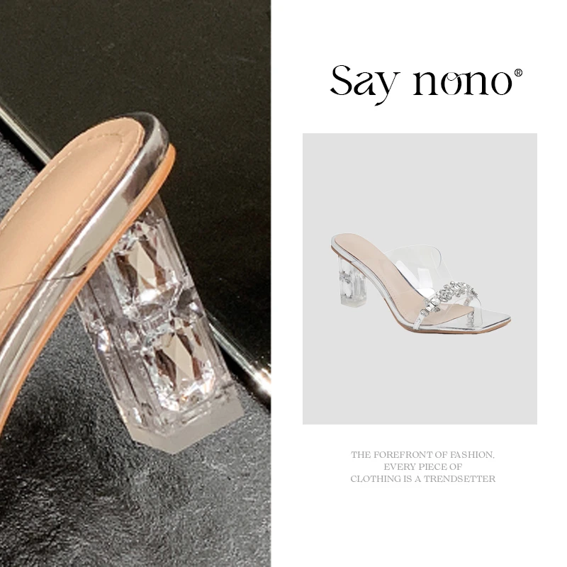 Say  nono  透明带亮钻花朵镶嵌露趾水晶跟气质性感凉鞋