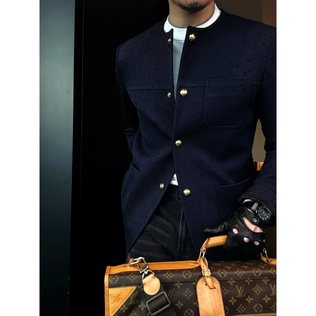 DRUNKCORNER 【普鲁士蓝+小香风】圆领斜纹金扣三贴袋夹克时尚秋季