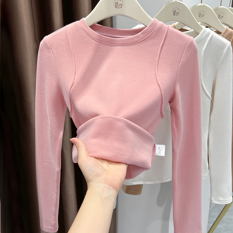 韩系粉色圆领长袖打底衫T恤2025秋冬爆款双面德绒保暖内搭上衣女