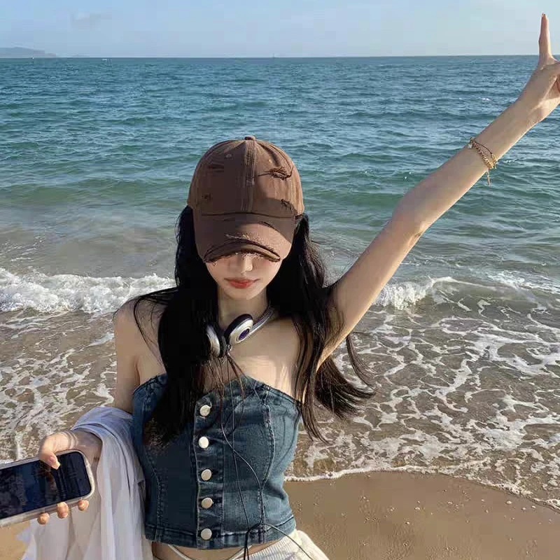 版型炒赞！韩版复古做旧破洞大头围显脸小棒球帽逛街情侣鸭舌帽