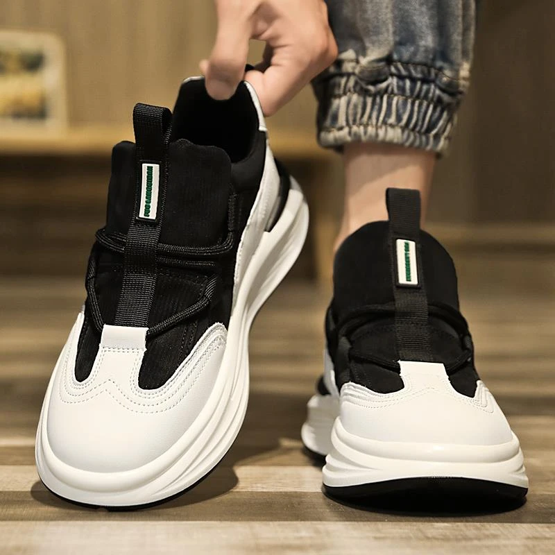 潮牌男鞋春秋百搭休闲皮面防水运动跑步厚底增高小白老爹潮鞋秋季