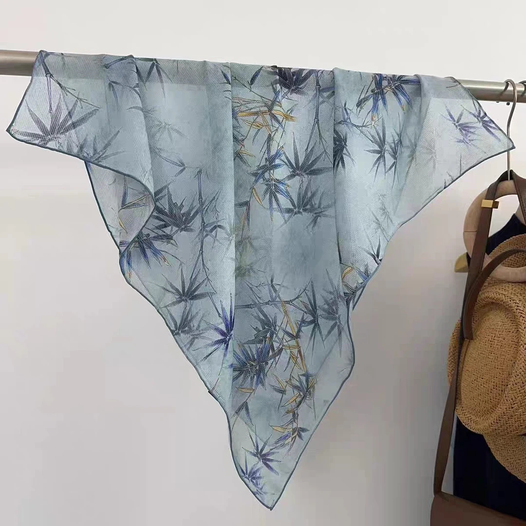 蓝色隐格纹～新工艺！桑蚕丝65CM女士薄款防晒小方巾夏季丝巾