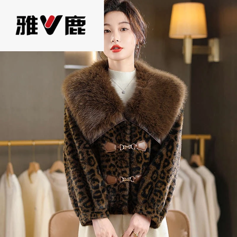 水貂绒豹纹皮草大衣短外套女开衫翻毛领宽松大码20