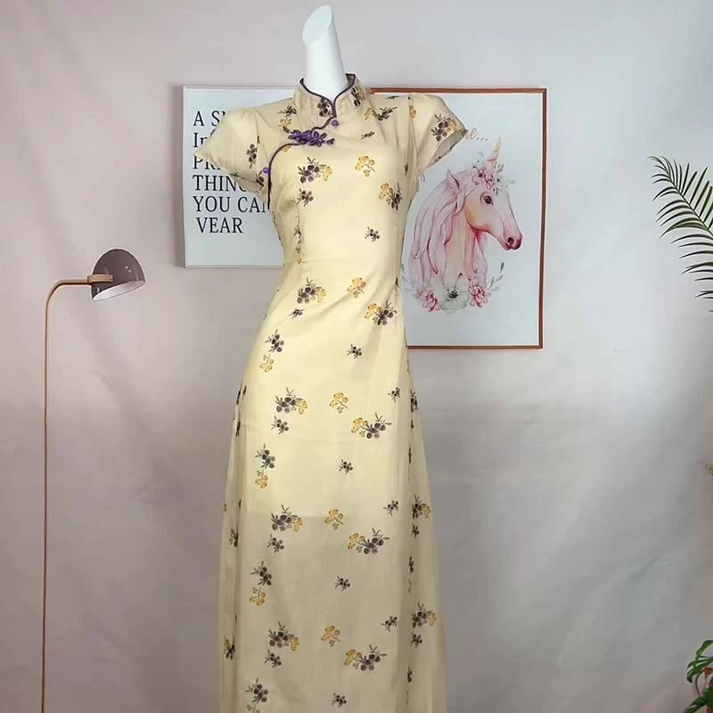 【有里布】国风新中式姜黄复古气质感改良旗袍裙D2428