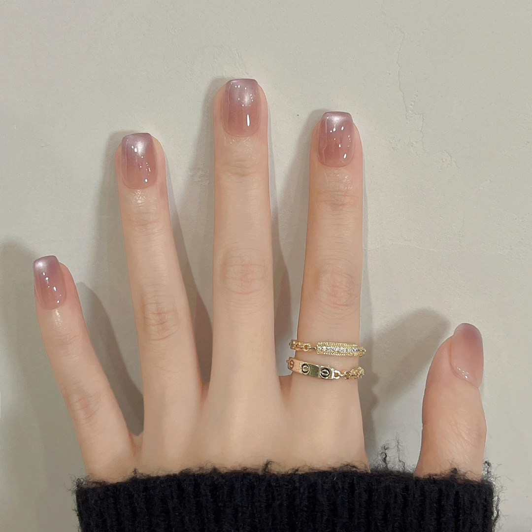 紫菱绮梦 手工穿戴甲紫色渐变猫眼短方高级百搭简约显白美甲