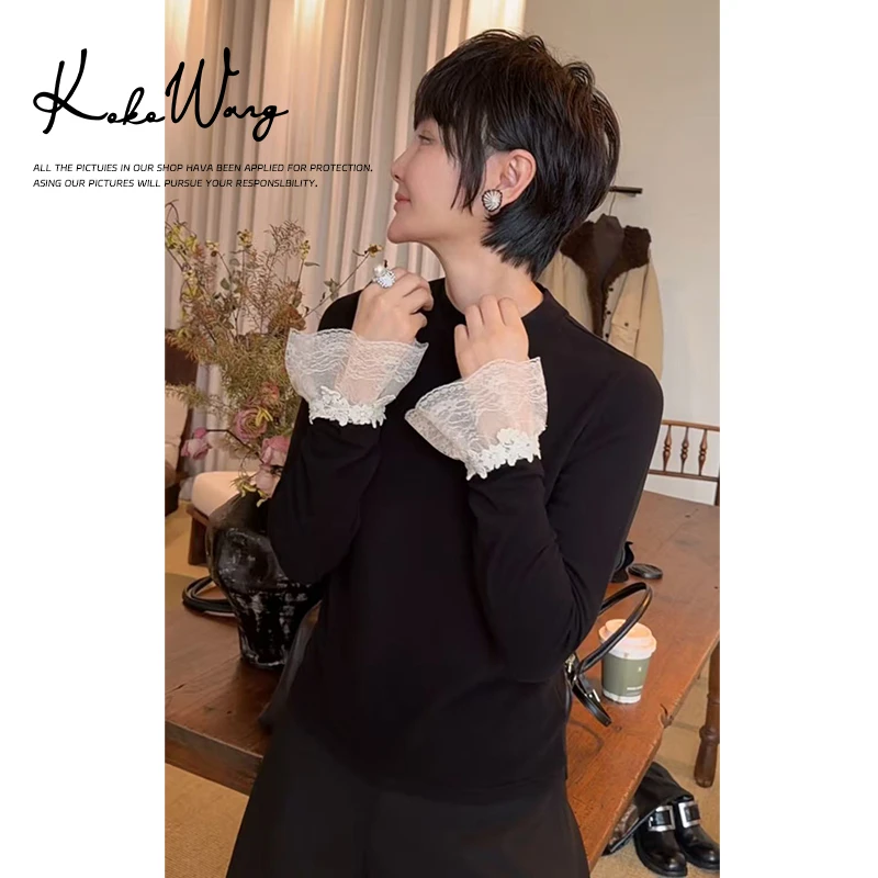KOKO WANG【墨韵】秋冬轻奢修身拼接蕾丝袖时尚打底衫N0685J27T43