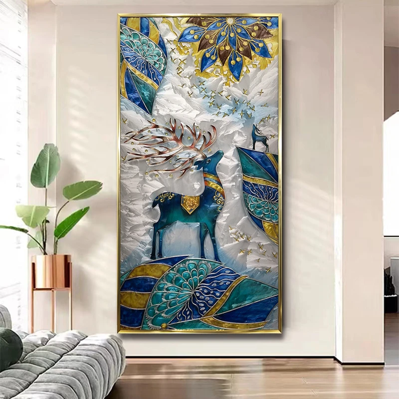 一鹿相伴手绘珐琅彩入户玄关挂画法式现代轻奢装饰画走廊麋鹿壁画