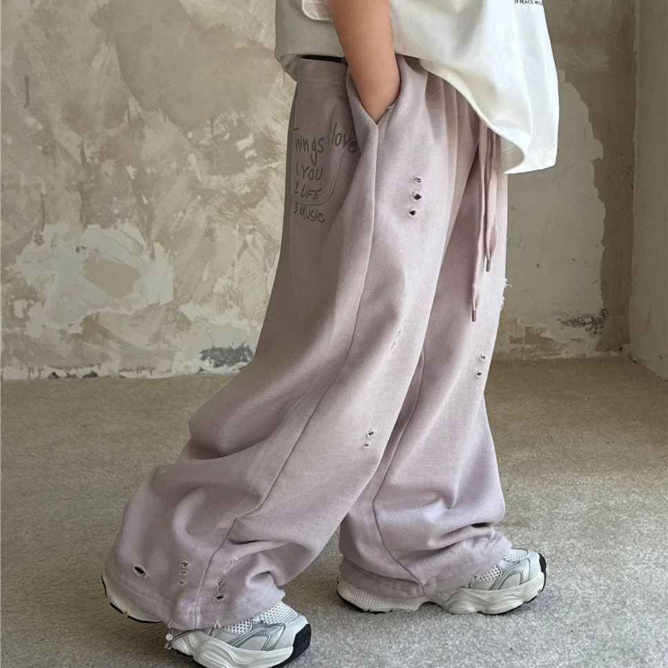 【Tang小白】2025春夏款儿童卫裤复古割破印花男女童洋气束脚潮款