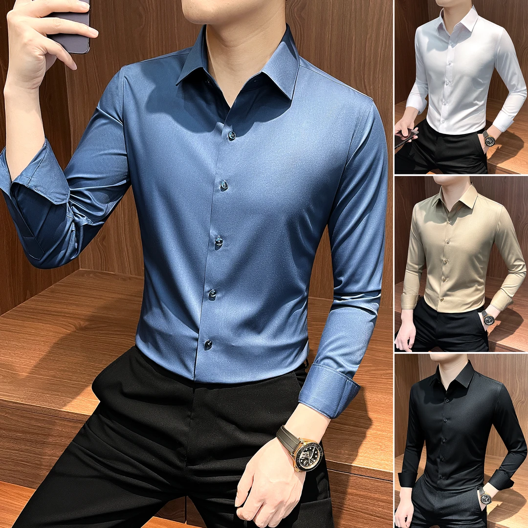莫代尔长袖衬衫男款轻奢痞帅高级感商务男装纯色修身男士休闲衬衣