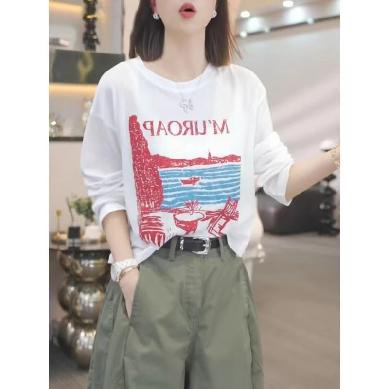 白色印花薄款防晒t恤女夏季空调罩衫2025年新款休闲百搭宽松上衣