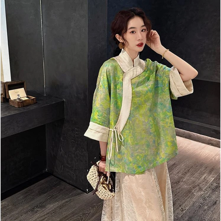 绿色新中式国风衬衫女2025秋装款复古提花洋气系带改良唐装上衣潮