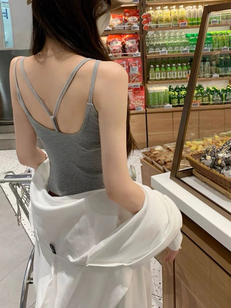 方领美背吊带女士防走光打底背心免穿文胸一体带胸垫抹胸无袖