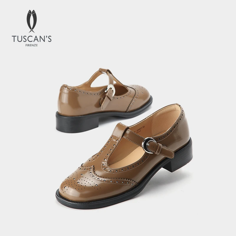 TUSCAN'S新款气质百搭英伦风亮面牛皮女士复古透气单鞋时代集团