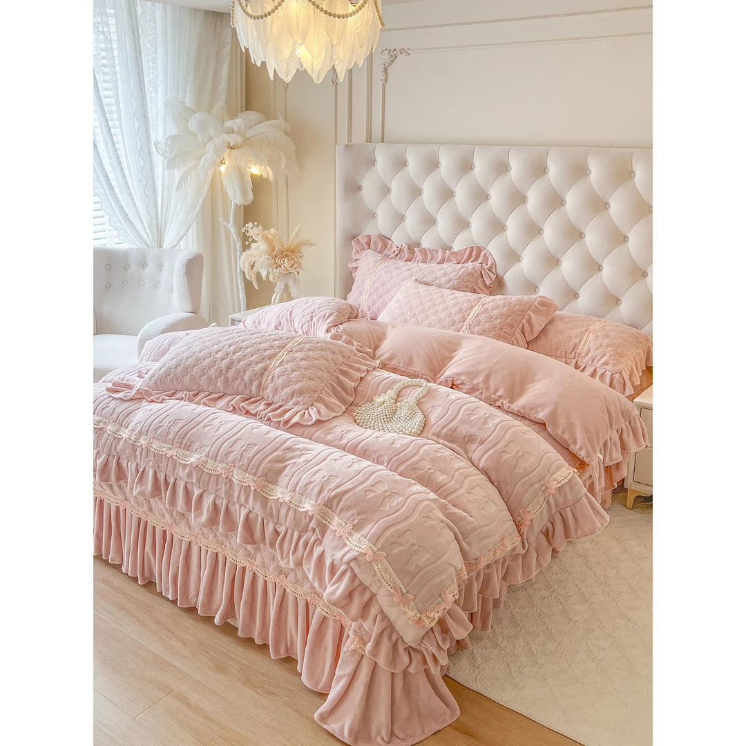 法式床盖款牛奶绒四件套公主风珊瑚绒双面绒蕾丝花边雕花被套冬季