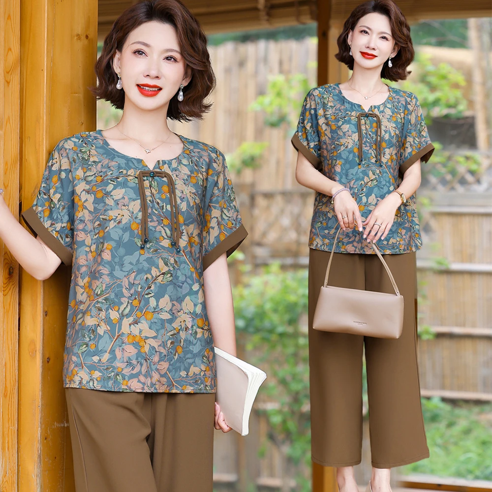 妈妈装夏装套装洋气上衣新款高贵中老年女母亲衣服夏季薄款两件套