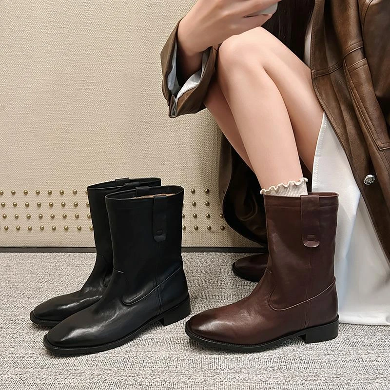 真皮擦色牛皮棕色短筒骑士靴宽筒马丁靴小个子黑色直筒短靴子秋冬