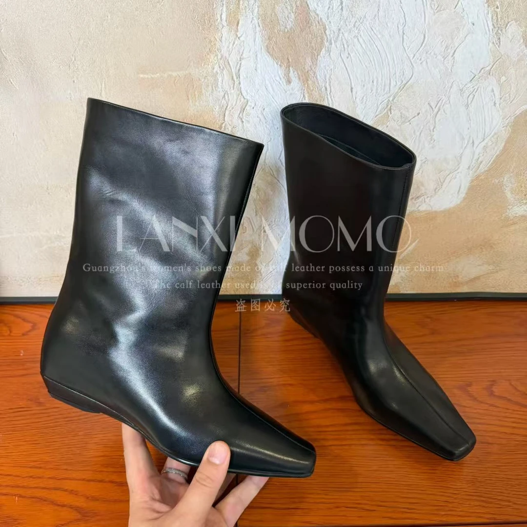 【若希】时尚百搭黑色真皮粗跟英伦秋冬内增高中通靴25XZ829LX