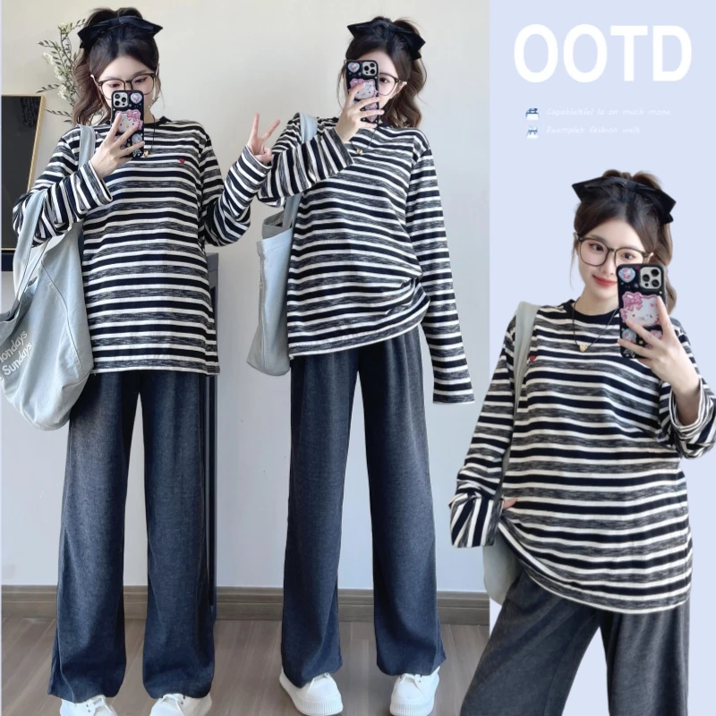 遮肚子显瘦孕妇上衣春秋季设计感撞色长袖t恤遮屁股孕妇装打底衫