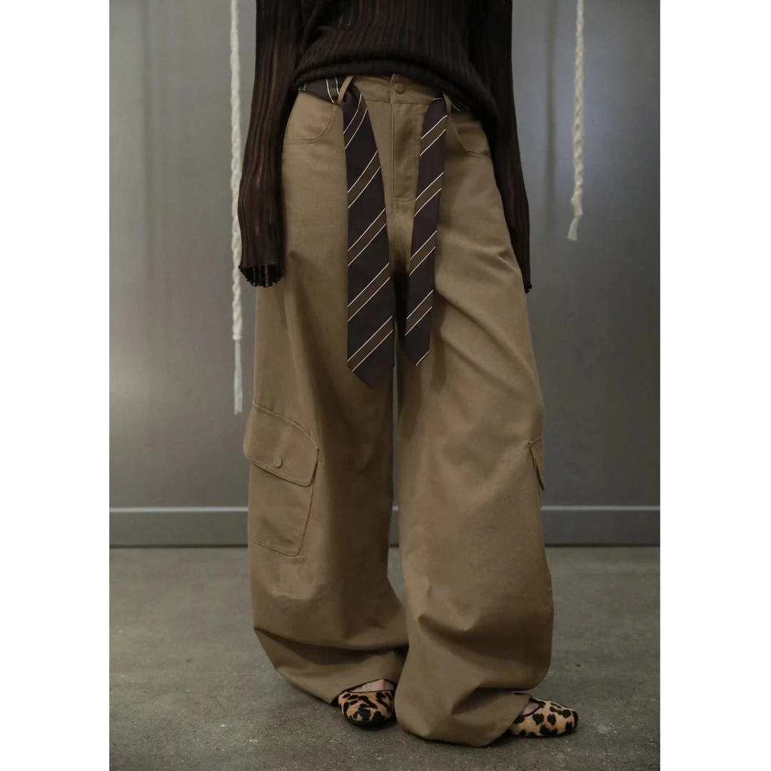 韩版2025秋季新款韩版洋气时尚复古腰带大口袋宽松百搭工装裤女