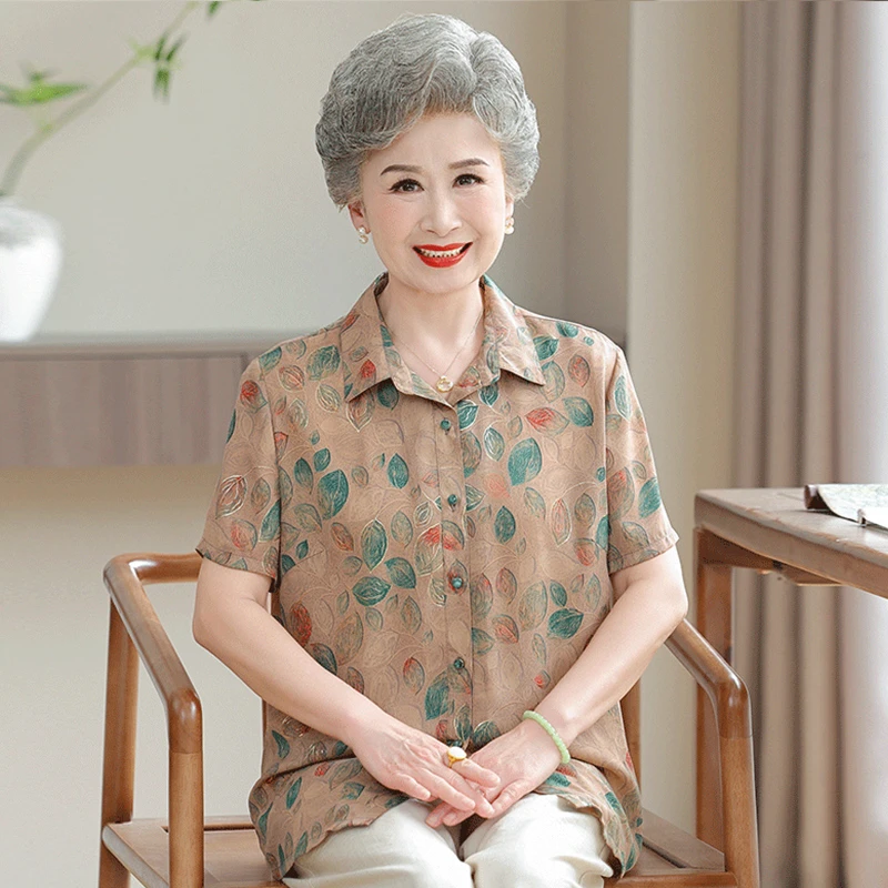 妈妈装夏装洋气国风2025新款短袖小衫女中老年人奶奶翻领短袖衬衣