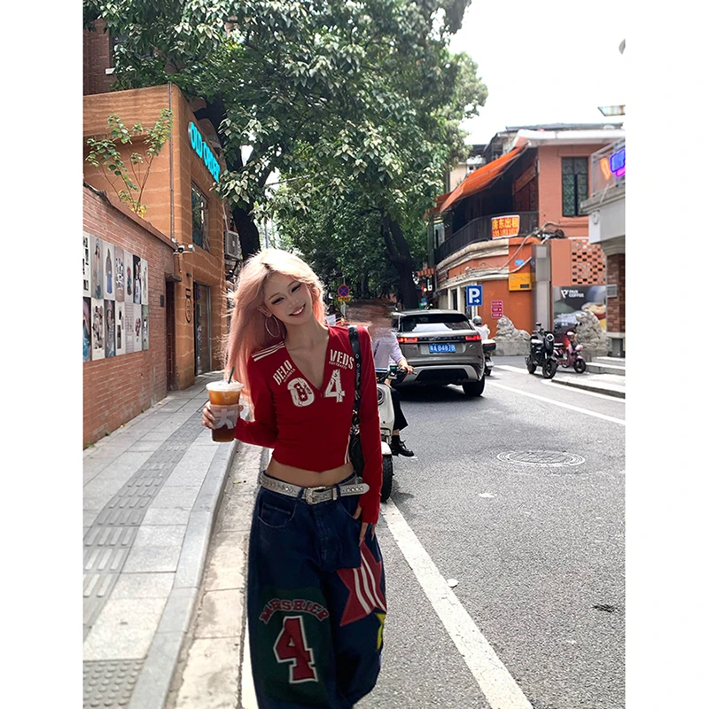 芊喜Studio美式复古数字印花V领长袖T恤女辣妹修身显瘦正肩打底衫