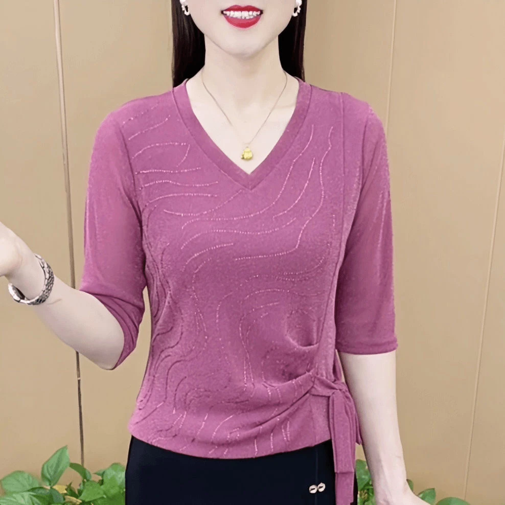 春夏新款时尚V领绑带烫钻中袖洋气女减龄轻奢风修身妈妈装打底衫