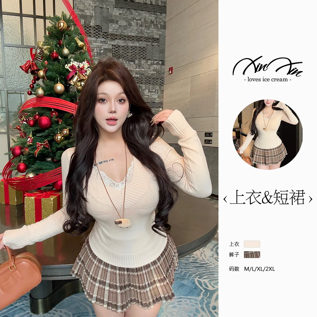 芯芯【珍妮日记】微胖针织衫毛衣收腰格子百褶高腰女裙2584-1832