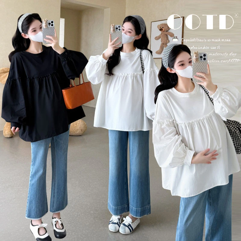 实拍现货2025秋季新款孕妇圆领休闲甜美针织T恤拼接木耳边娃娃衫