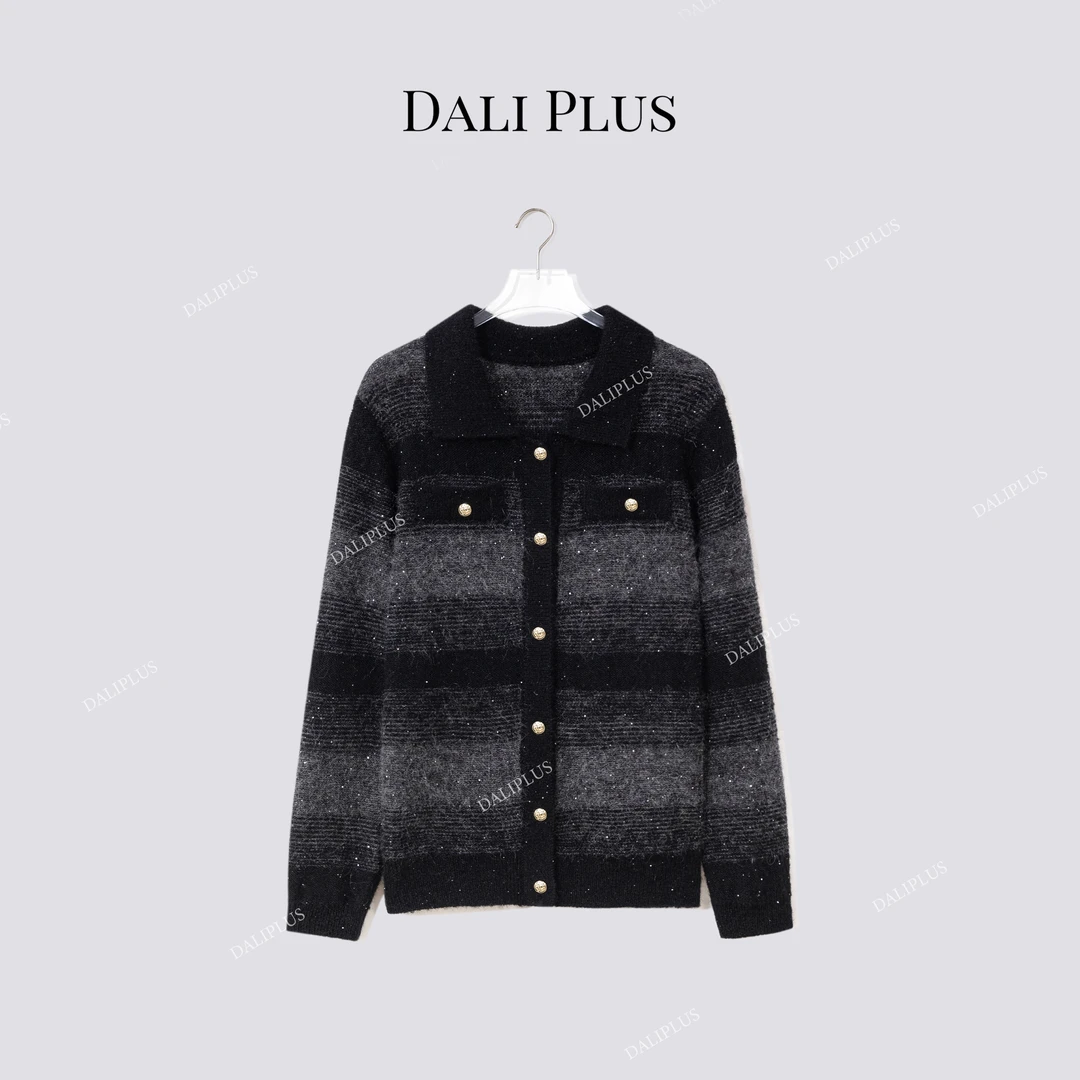 DALI PLUS“黑灰花纱渐变毛衣”羊毛混纺拉毛针织开衫-D5SZ8241