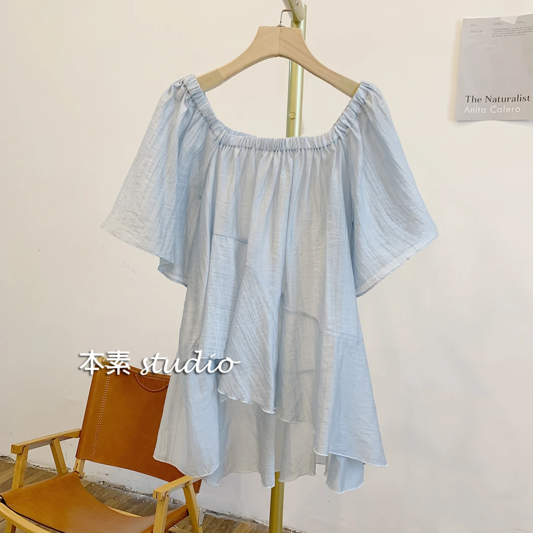 无极乌龙-蓝MNY2569荷叶边松紧方领短袖衬衫