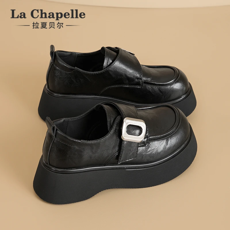 拉夏贝尔乐福鞋黑色小皮鞋百搭2025新款软底复古英伦风平底厚底女