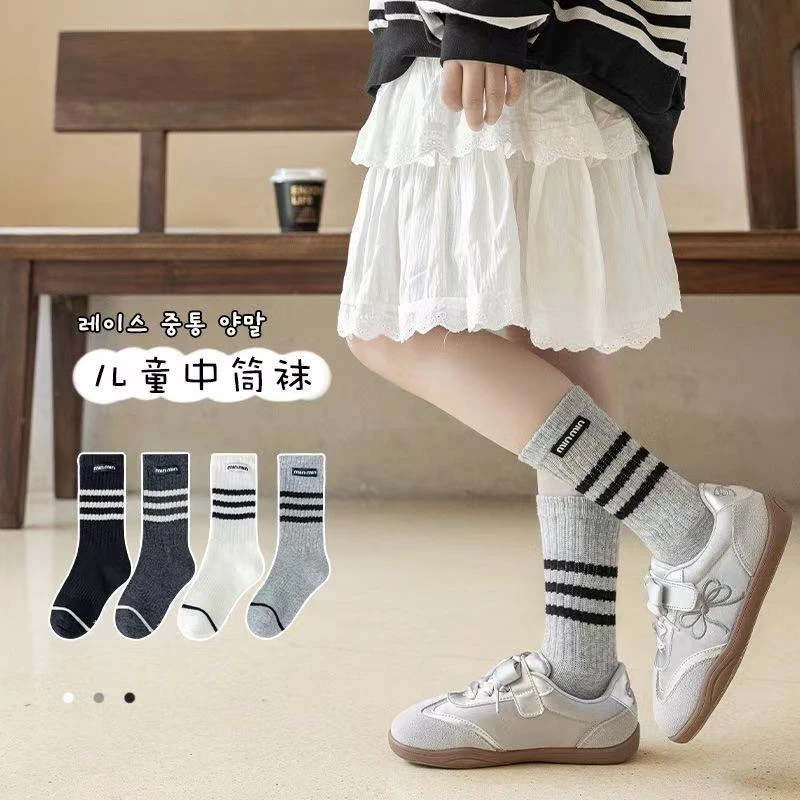 儿童袜子春秋季女童条纹布标中筒袜韩版ins中大童学生运动长筒袜