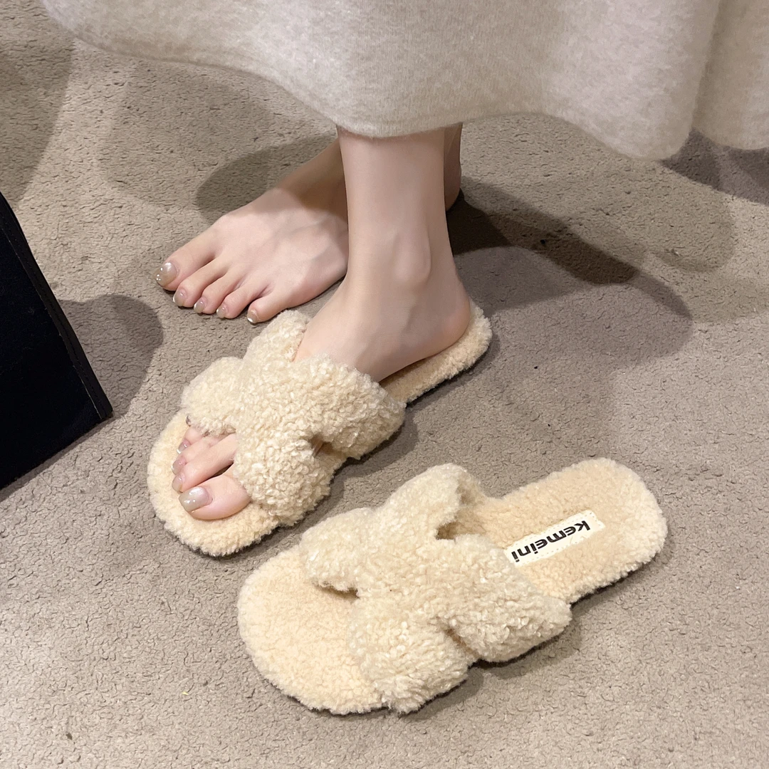 高级感H软底毛毛拖鞋女外穿2025新款秋冬厚底羊毛卷居家一字棉托