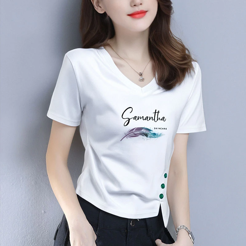 2025夏季宽松短袖V领t恤女韩版设计感显瘦T恤百搭上衣ins潮时尚