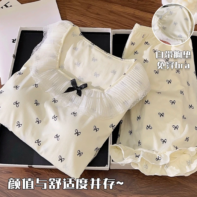夏季睡衣女甜美公主风带胸垫螺纹冰丝2025新款外穿夏天家居服套装