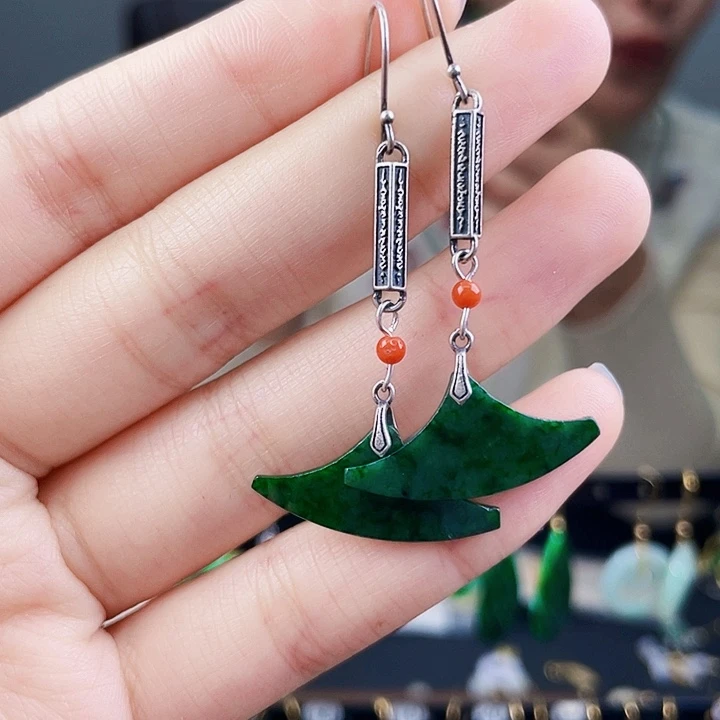 翡翠耳饰银S925镶嵌饰品