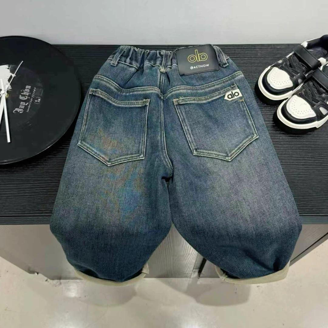 D2592男童2025当季新款儿童冬季加绒加厚一体绒牛仔裤
