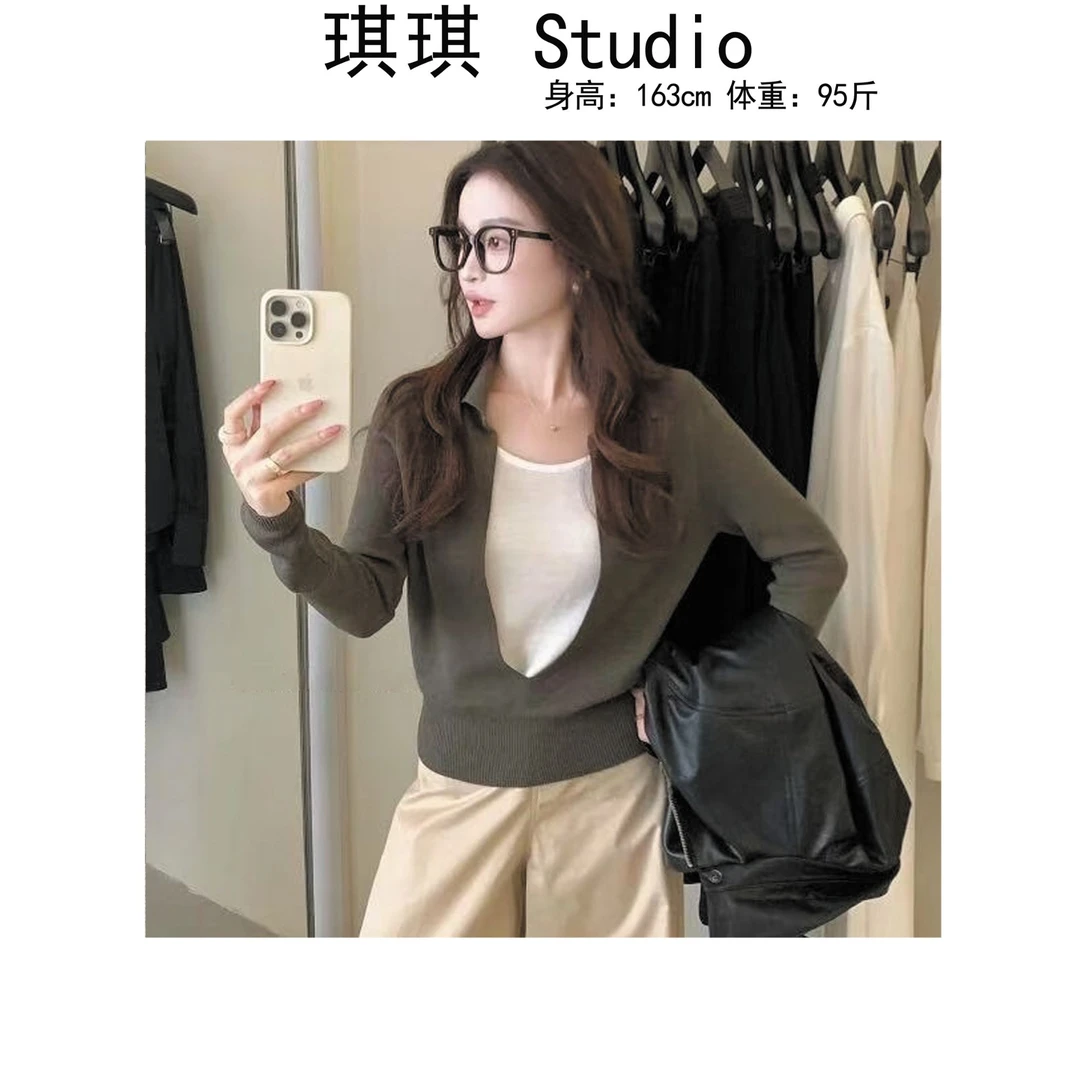 《琪琪家》早秋新款重工设计简约高级假两件翻领设计感针织衫E113-L