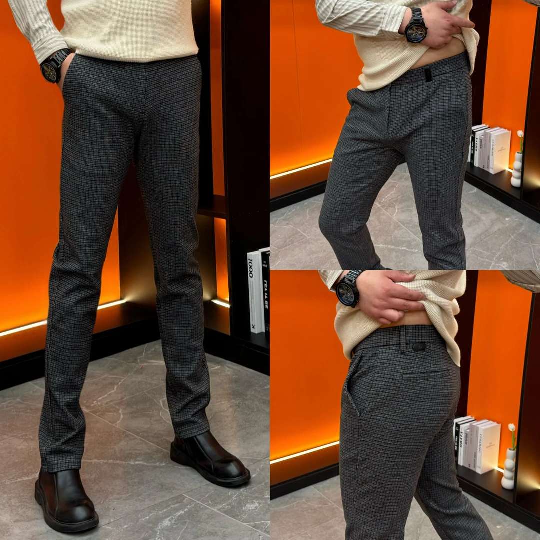 男士商务休闲裤秋冬爆款千鸟格毛呢长裤高弹力时尚轻奢男裤小直筒