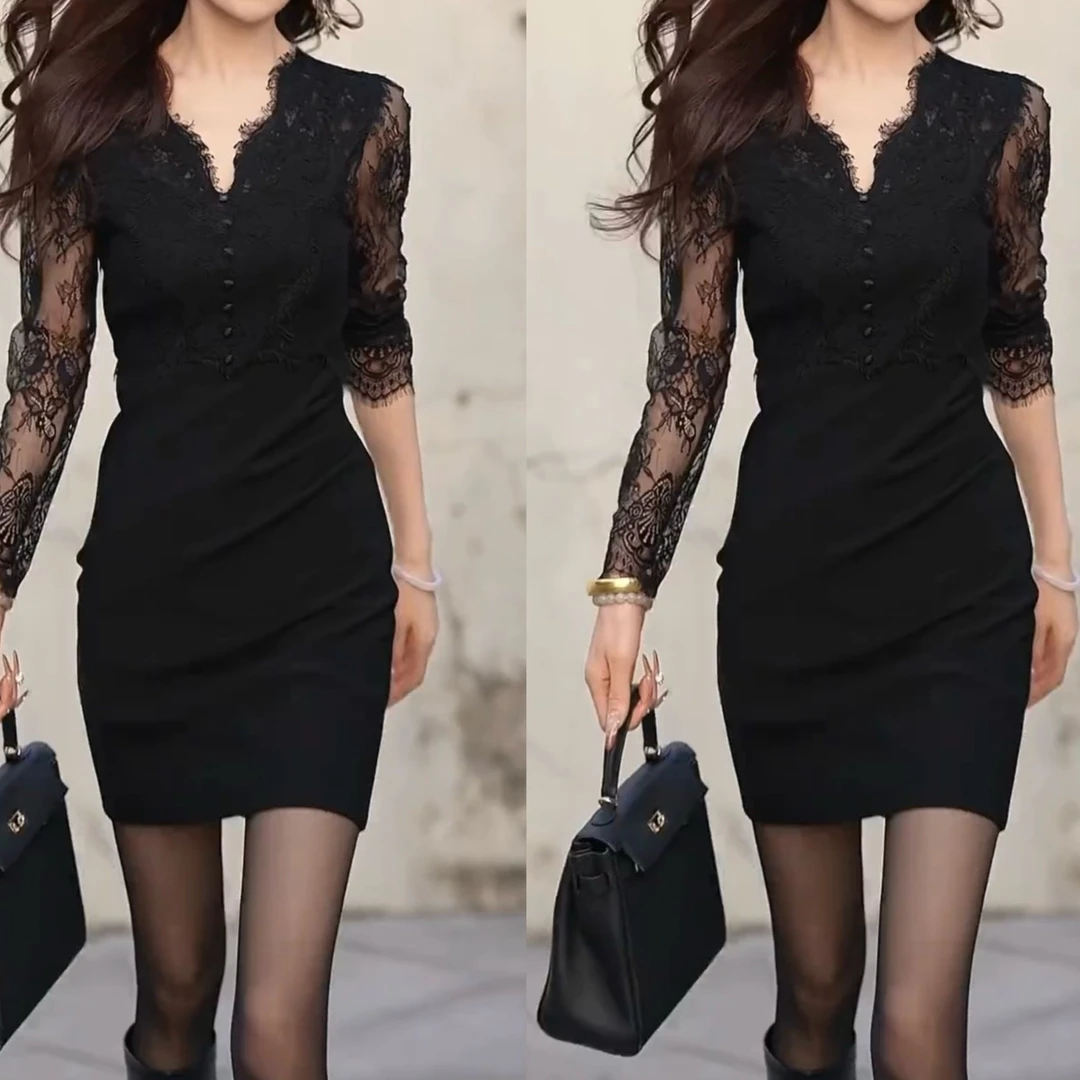 蕾丝拼接长袖黑色中长款气质显瘦包臀连衣裙打底洋气百搭G6380