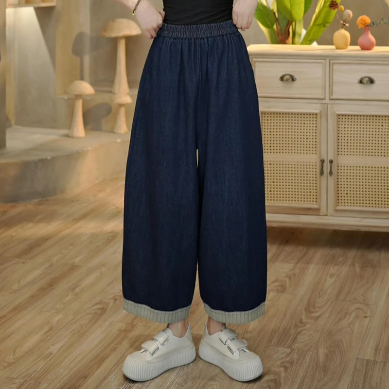 3836 文艺感复古牛仔裤女新款水洗撞色拼接阔腿裤