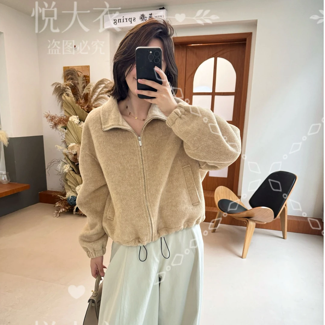 ‘’悦YUE"秋冬立领短款拉链羊毛大衣女纯色时尚休闲宽松