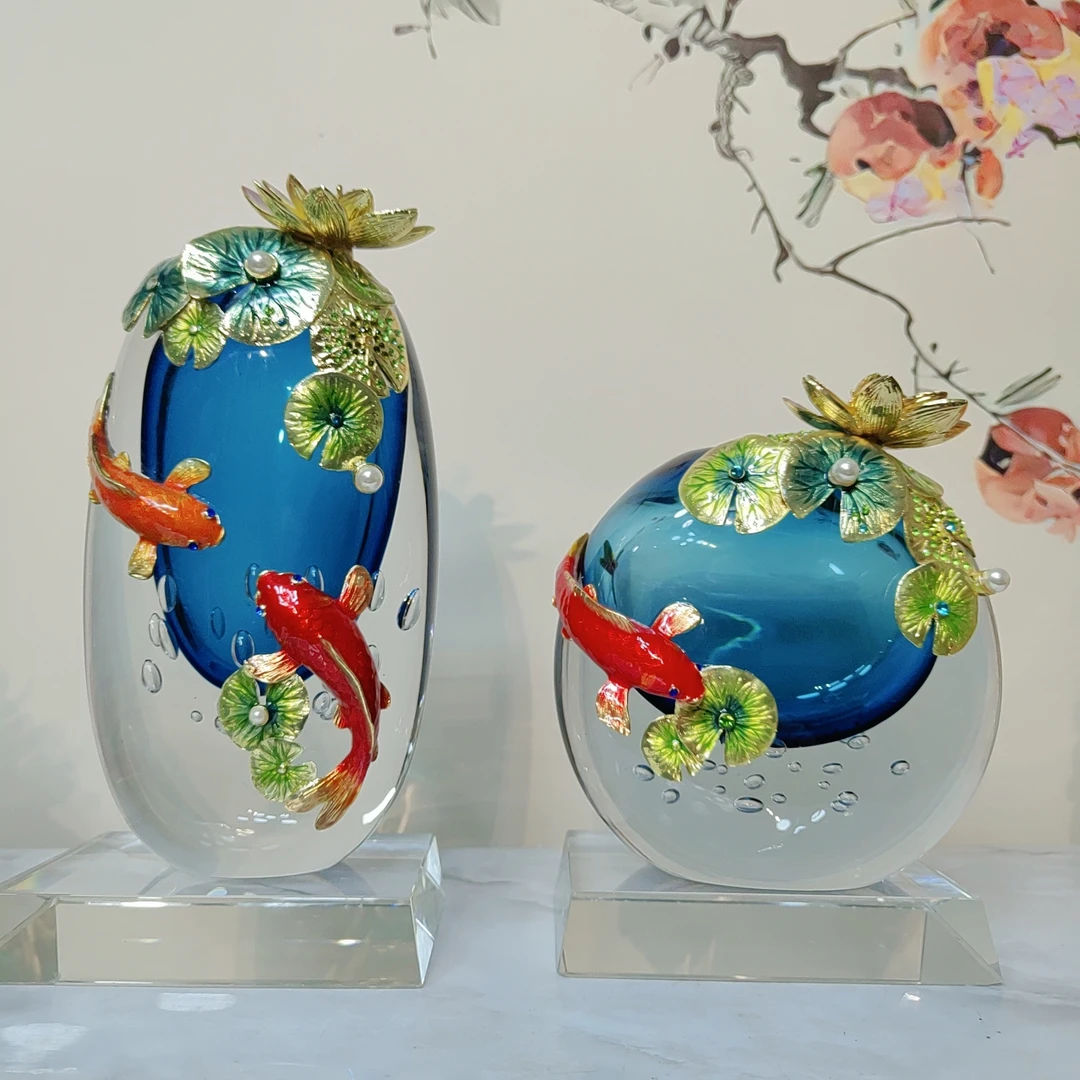 珐琅彩 琉璃锦鲤花瓶 轻奢风客厅插花摆件玄关美式艺术不含底座