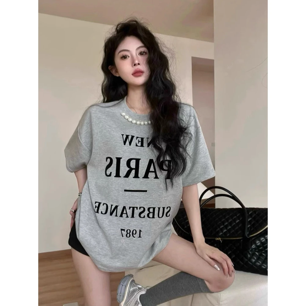 欧洲站时尚小众珍珠T恤女夏季新款长款遮屁屁t恤洋气款半袖上衣