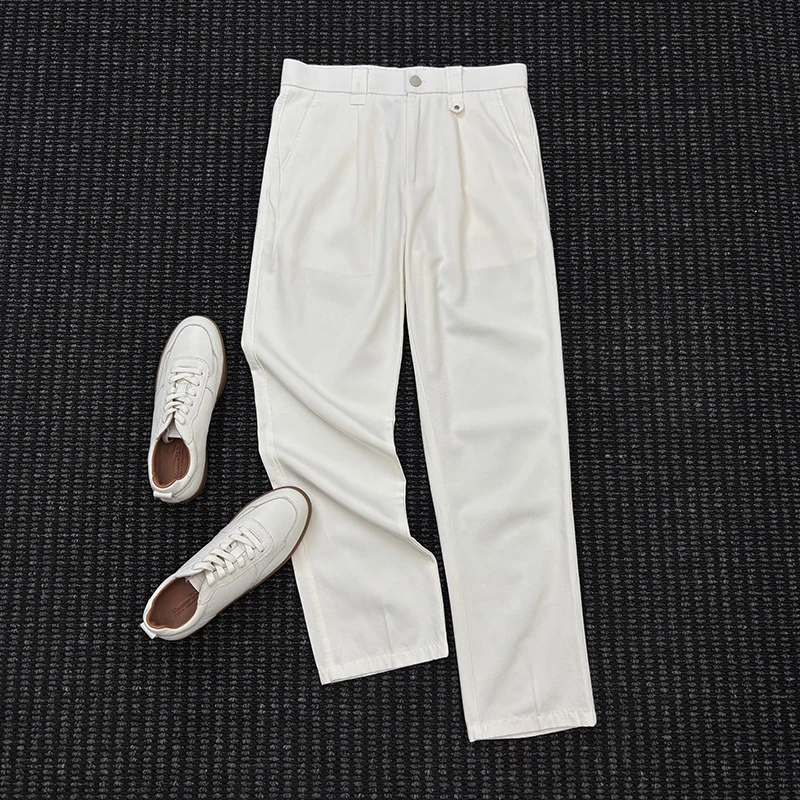 MIGSIMHE·莱赛尔棉双褶白色休闲裤男士垂感修身直筒商务纯色长裤