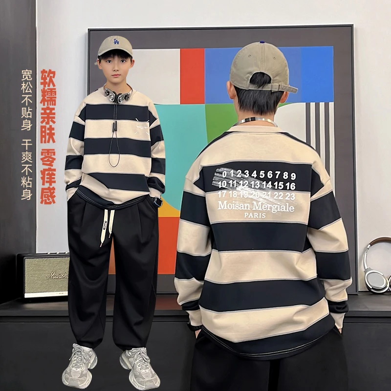 CX3685小赖家青少年2024年秋款中大童条纹长袖宽松圆领国潮打底衫