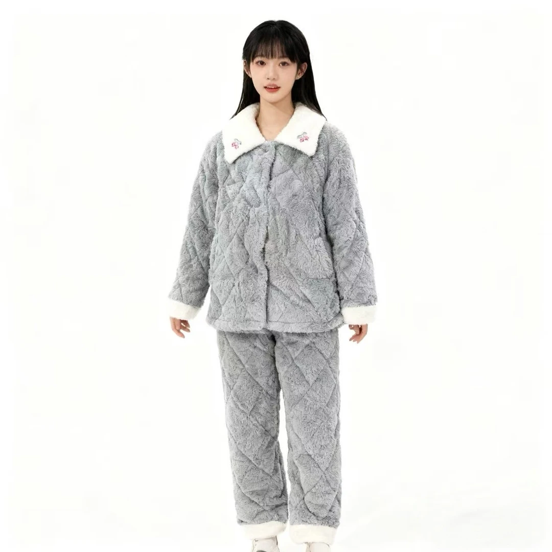 三层夹棉女士珊瑚绒睡衣冬季加厚加绒保暖法兰绒家居服套装可外穿