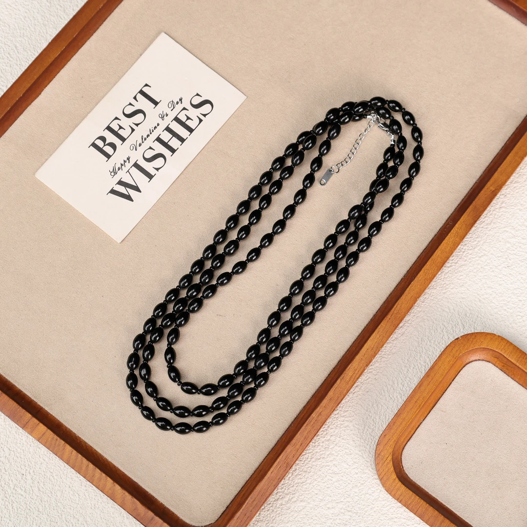 合金项链 LZ4907黑色瓜子满串大长链多层琉璃项链